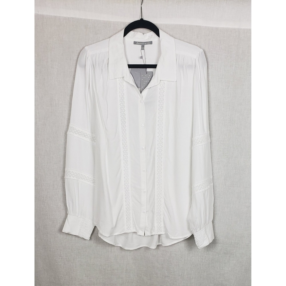 Danielrainn White Lace Trimmed Blouse Top L Boho‎ Peasant Flowy Coquette Dainty